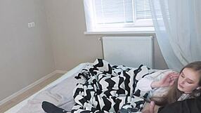 Stepdaughter sneaks cock suck while stepmom bares her tits