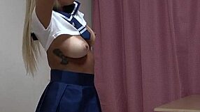 tanned japanese uniform girl strips wedgie g-string from miniskirt white socks showing natural tits cameltoe panties bra to naked body