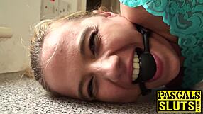 Bound blonde bitch gagged and choked takes rough doggystyle face fucking pounding