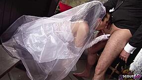Frustrated bride in white dress nylons begs church quickie doggystyle cum facial!