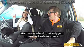 slutty big tits ex-con bbw grabs teacher's cock in fake driving school car for public cumshot blowjob