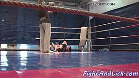 busty babe fingers teen after sweaty wrestling match