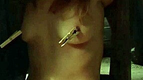 Chained brunette milf dominated by master uses banana fetish on shaved pussy with monster cock