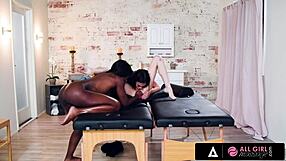 Ebony lesbians trib hard in oiled threesome massage