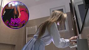  skinny blonde wife teases in tiny miniskirt and cotton panties