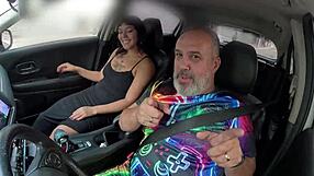 young carioca brunette teen flashes tits and grabs car ride for public fuck