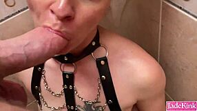 Bdsm couple handcuffs me, slaps, humiliates in shower then face fucks deep