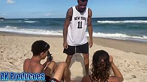 gostosa calls stranger to fuck her and husband bareback on beach with creampie swallow