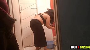 Stepmom Washes Clothes As Stepson Jerks To Her Big Ass In Bathroom