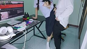 thai schoolgirl gets fucked hard by senior in front of computer