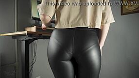 secretary's leather pants cameltoe teases office coworkers with panty lines