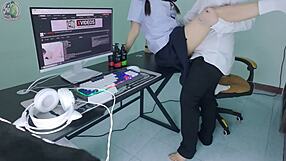 thai schoolgirl gets fucked hard by senior in front of computer