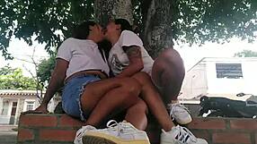 outdoor park caresses turn into horny mutual masturbation kisses