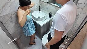 damn that big ass milf stepmom got caught by stepson in bathroom