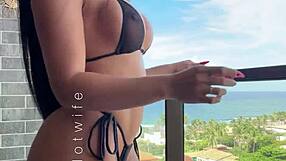 hey check married slut flashing see thru bikinis balcony!