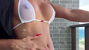hey check married slut flashing see thru bikinis balcony!