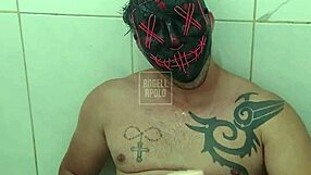 damn masked tattooed stud showers with toy up ass till massive cum explosion!