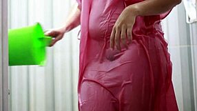 Peeking Busty Indonesian Bathing in Sheer Satin Dress Creampie!