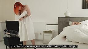 Curvy redhead stepmom rides cock in steamy hotel sauna then takes cum covered finish