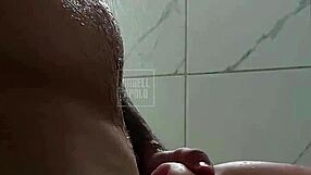 damn masked tattooed stud showers with toy up ass till massive cum explosion!