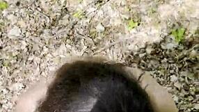 pov brunette slut flashes pussy lips then blows me deep before raw forest fuck cumshot swallow all