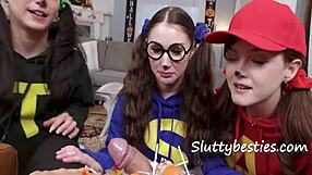 Neighbor Blackmails Slutty Halloween Teens Bella Blu Jade Valentine For Creampie Group Sex!