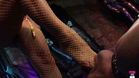 Lovely brunette with big fake tits rides bound in heels stockings on huge cock.