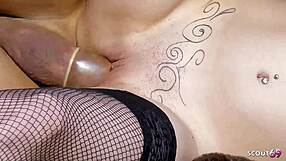short hair skinny teen in stockings teases muscled stud on beach then begs for his fat cock deep inside?