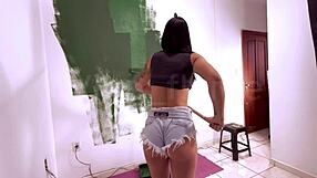 wet tight pussy novinha drops to suck cock amid paint mess