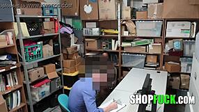 Strict guard dominates black busty babe's big tits and pussy for shoplifting punishment with facial cumshot