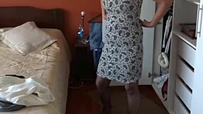 i lift my dress for stepson so he jerks off and cums hard on me