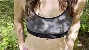 pov brunette slut flashes pussy lips then blows me deep before raw forest fuck cumshot swallow all