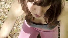 pov brunette slut flashes pussy lips then blows me deep before raw forest fuck cumshot swallow all