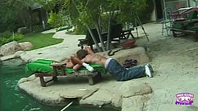 A not experienced sexy blonde fucked outdoors by the pool by a tattooed guy