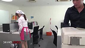 Asian office lady Chihiro Akino shares intense work session satisfaction