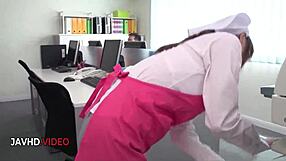 Asian office lady Chihiro Akino shares intense work session satisfaction