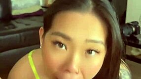 omg asian slut in lingerie slurps my huge cock deep pov then gulps cum mouthful