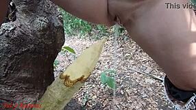 Perverted slut squirts piss from wooden stake in forest