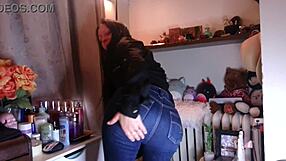Brunette Teases Huge Ass Worship In Tight Jeans Closeup