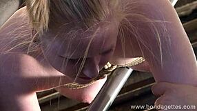 Blonde Satine Sparks bound for lesbian stairway domination