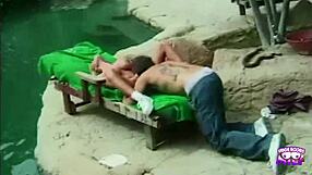 A not experienced sexy blonde fucked outdoors by the pool by a tattooed guy