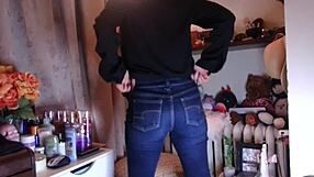 Brunette Teases Huge Ass Worship In Tight Jeans Closeup