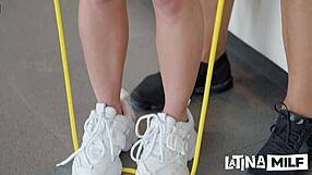 Stacked blonde gets introduced to her muscular fitness coach by her clueless man