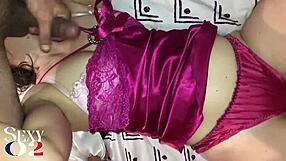 french slut in satin eats ass and sucks cock
