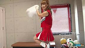 Blonde asian cheerleader gets caught masturbating in the locker room and ends up getting creampied