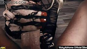 blonde vicky vette giving a hot handjob while wears sexy black lingerie