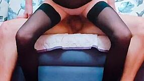 Wife in stockings spreads legs for sex