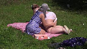 Lesbians with big asses outdoors try multifunctional sex toy