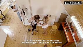 lesbian photoshoot turns handsy with blonde and brunette