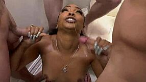 Ebony babe sucks off twelve white cocks
